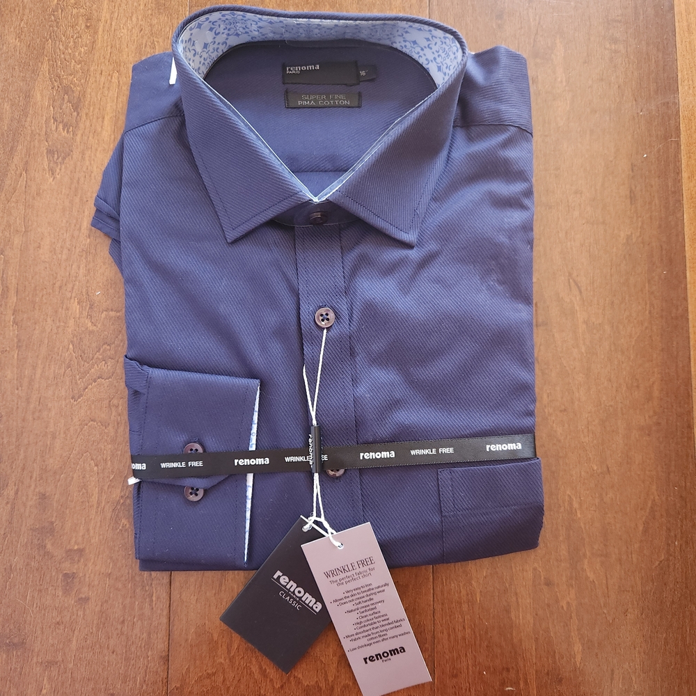 NWT Renoma Paris Men's Navy Blue Wrinkle Free Pima Cotton Shirt Neck Size 16"